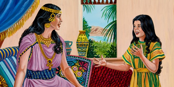 Ọmọbìnrin Ísírẹ́lì náà ń bá ìyàwó Náámánì sọ̀rọ̀ nípa wòlíì Èlíṣà