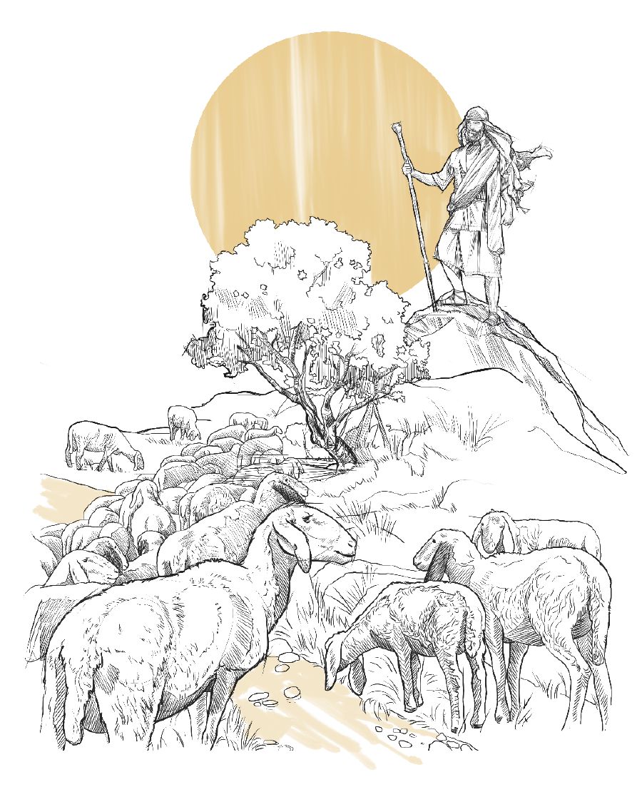 Olùṣọ́ àgùntàn kan dúró sórí àpáta, ó ń ṣọ́ agbo àgùntàn rẹ̀.