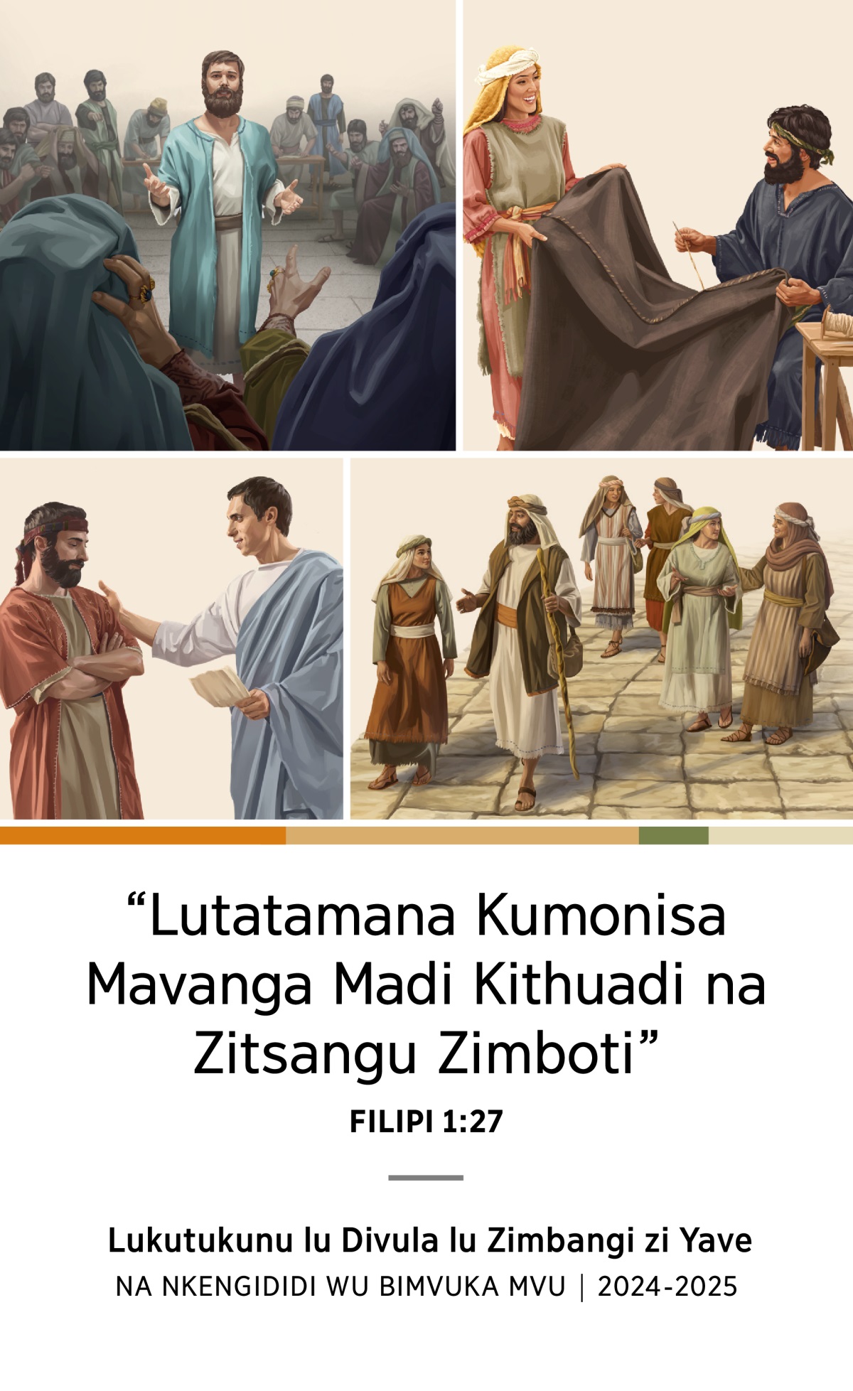Collage: 1. Estafanu wunkakidila kiminu kiandi ku nzo lufundusu. 2. Akila ayi Prisila bamvanga tenda vakimueka. 3. Filipi, nkazi’andi, ayi bana bawu ba bakietu badi mu kudiata vakimueka. 4. Titu wunkoluka na nkulutu wu kimvuka.