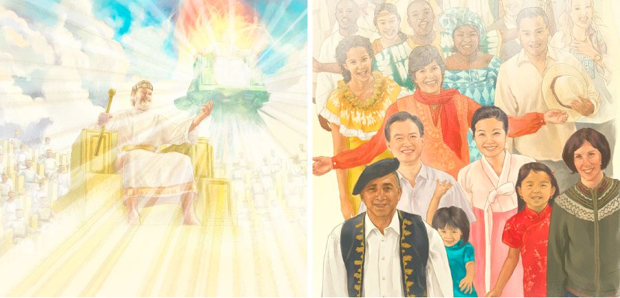 Jesus está sentado em seu trono celestial e pessoas de várias raças se alegram