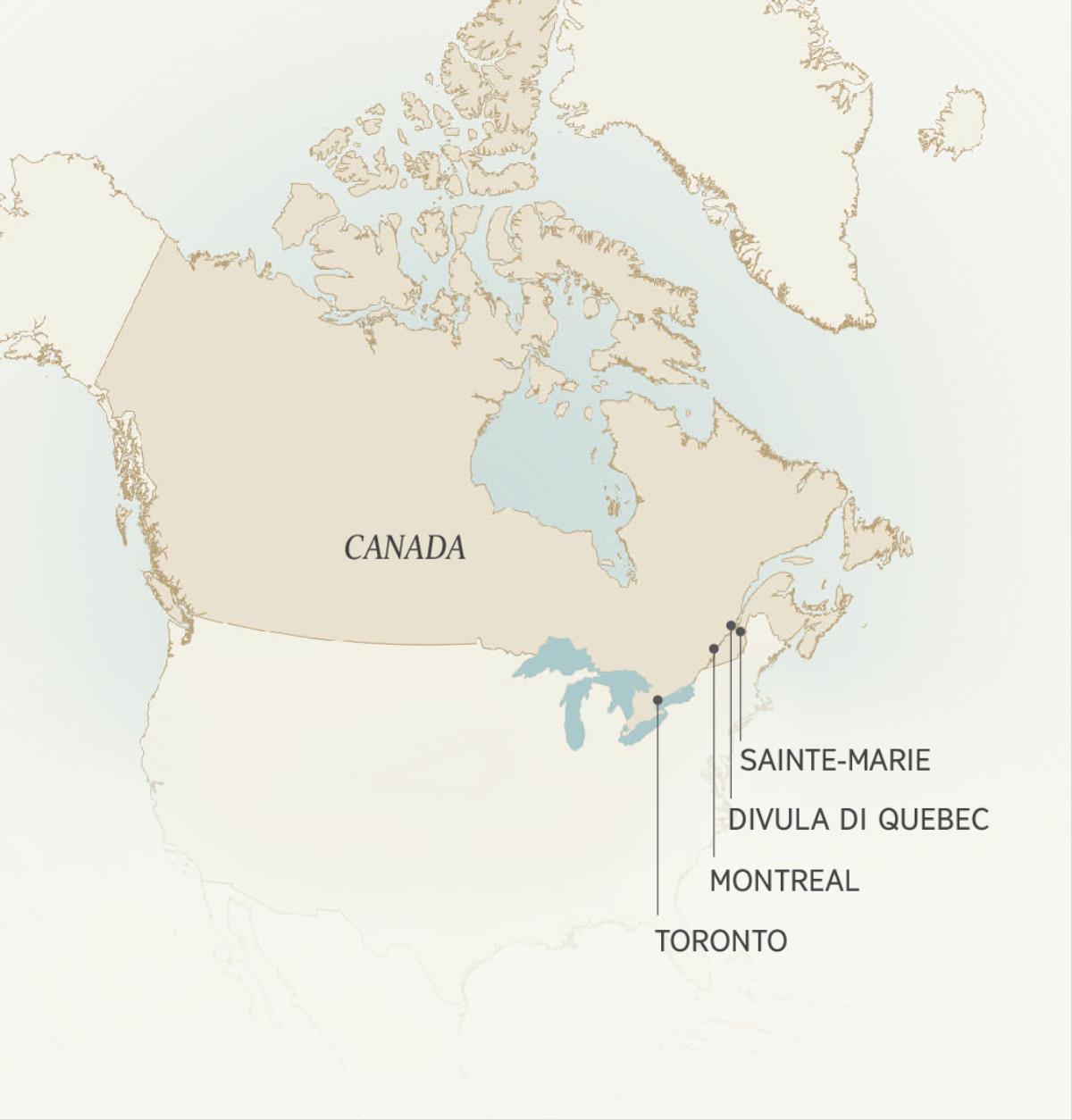 Mapa yimmonisa mavula madi ku Canada mo yaya Léonce Crépeault kasadila: divula di Sainte-Marie, divula di Quebec, divula di Montreal, ayi divula di Toronto.