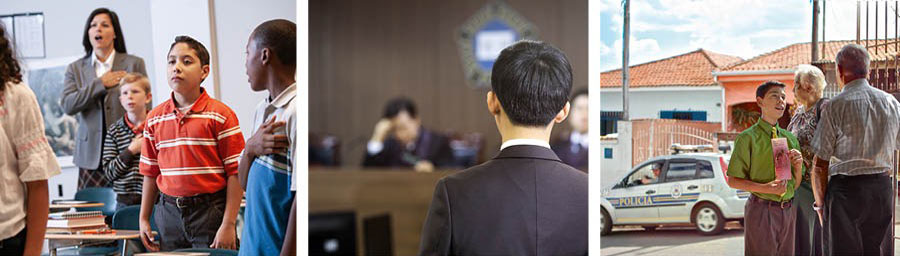 系列图片：我们能够表现勇气的情况。图一：学校里其他人向国旗敬礼时，一个男孩安静地站着；图二：一个弟兄站在法官面前；图三：一个年轻的弟兄在给住户传单时，有个警察在附近看着他