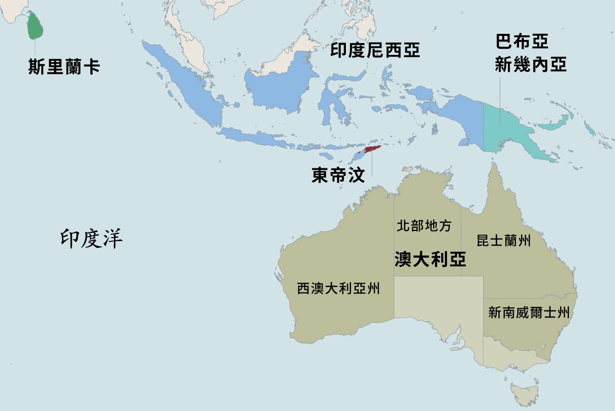 地圖上顯示澳大利亞和周圍的國家，比如斯里蘭卡、印尼、巴布亞新幾內亞和東帝汶。澳大利亞的部分標出了北部地方、西澳大利亞州、昆士蘭州和新南威爾士州。