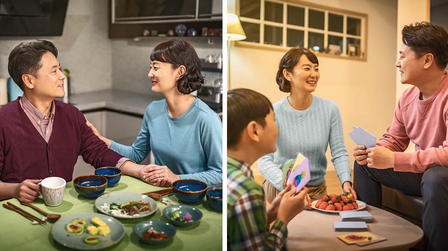 一位姊妹聽丈夫説工作上的事。後來，姊妹也陪丈夫和兒子一起消遣