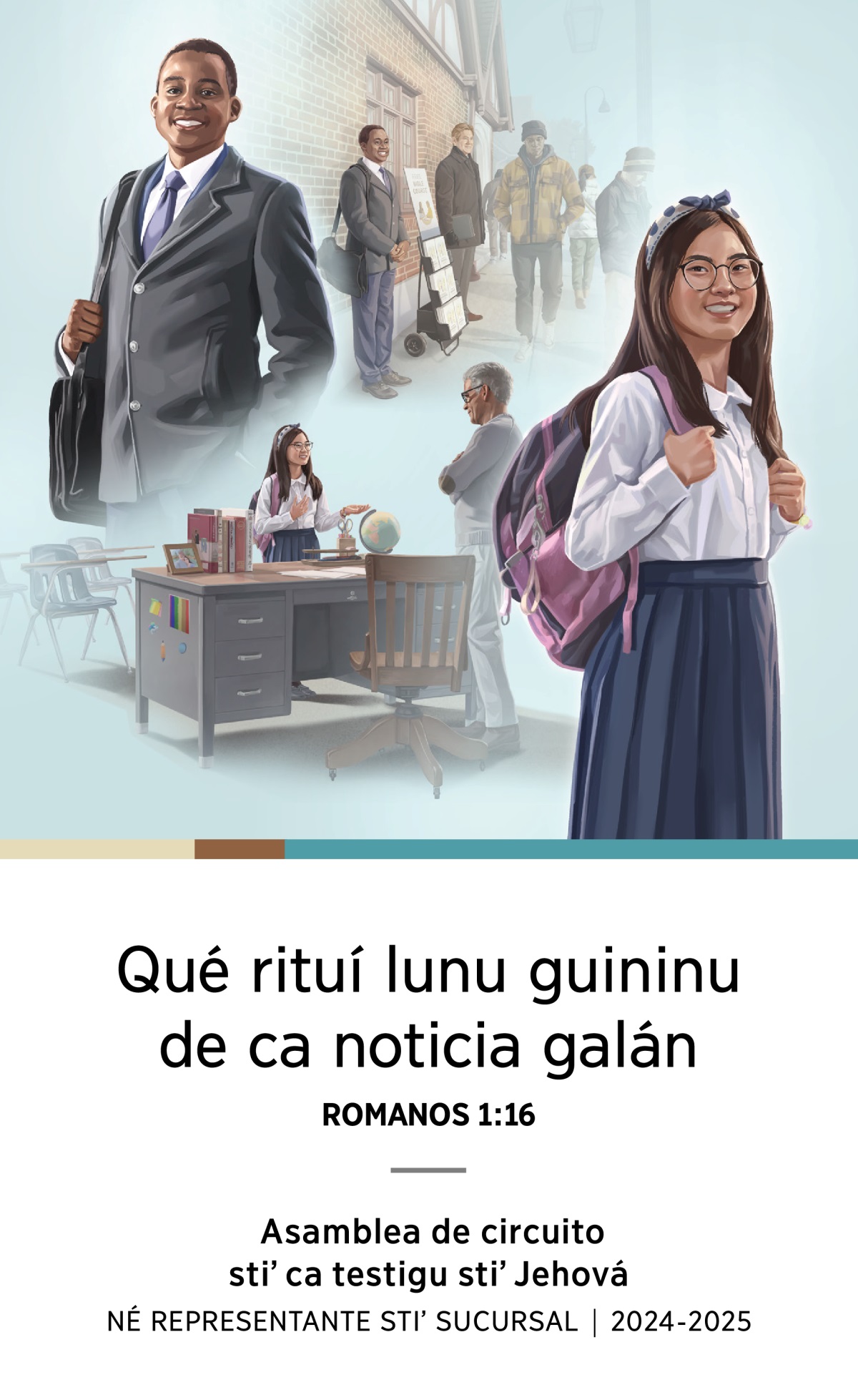 Caadxi imagen: 1. Ti hermanu joven cuxidxihuiiniʼ ora cayuni predicar né sti hermanu lu ti exhibidor. 2. Laaca hermanu joven que cuxidxi né stale confianza. 3. Ti hermana joven cayecheʼ cayuni predicar maestru stiʼ. 4. Laaca hermana joven que cuxidxi né stale confianza.