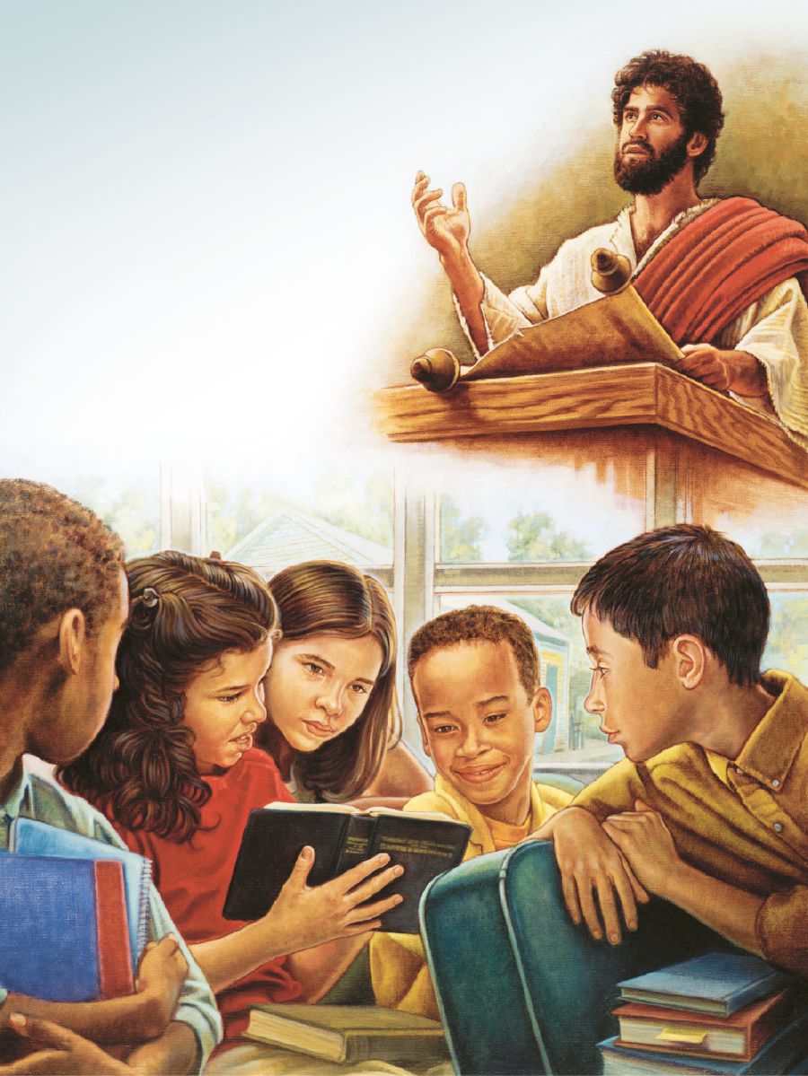 Jesús leyendo de un rollo; una niña les enseña a otros niños el nombre de Dios en la Biblia