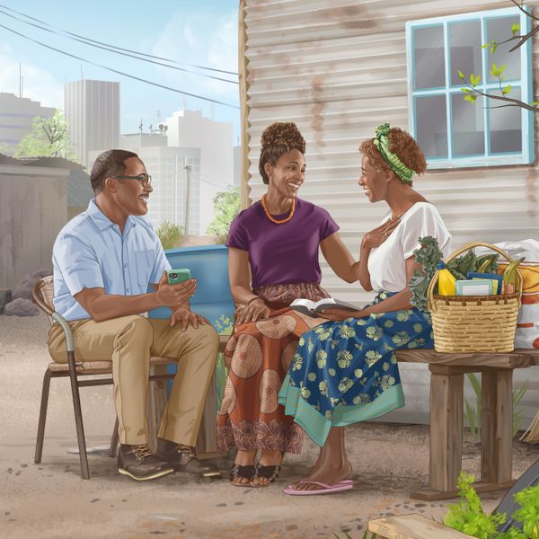 A sister who lives in a modest home in a large city joyfully receiving Scriptural encouragement from a Witness couple who brought her some food and other provisions.