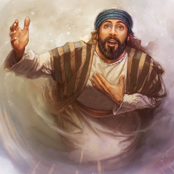 Isaiah looking toward heaven and volunteering to be God’s spokesman.