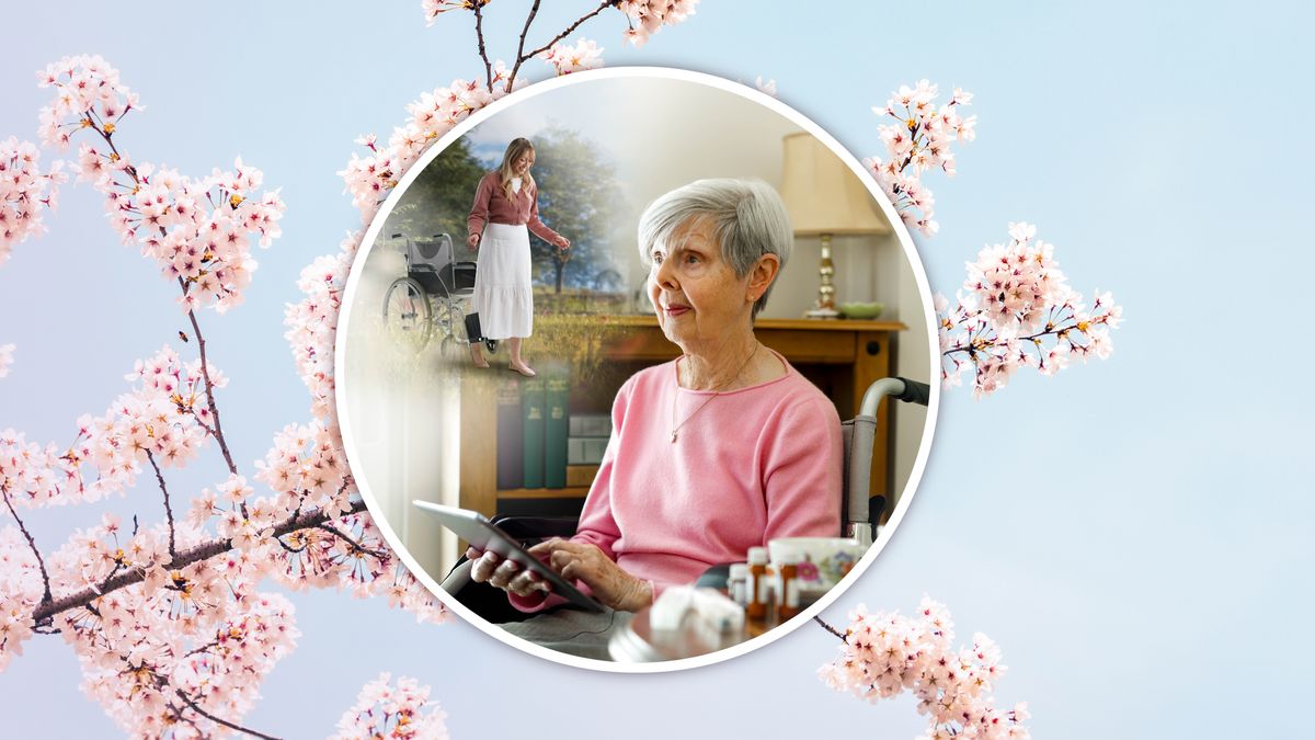 An elderly sister in a wheelchair reading the Bible. She visualizes herself in Paradise as a young woman walking away from her wheelchair.