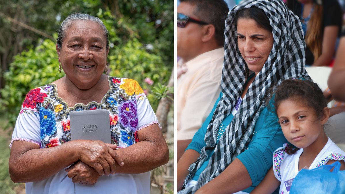 Collage: 1. An Amerindian sister smiles as she holds close to her a Bible in her language. 2. A Romany sister and her daughter enjoy a theocratic event.