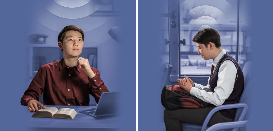 A young man prays as he does personal study and as he rides a bus
