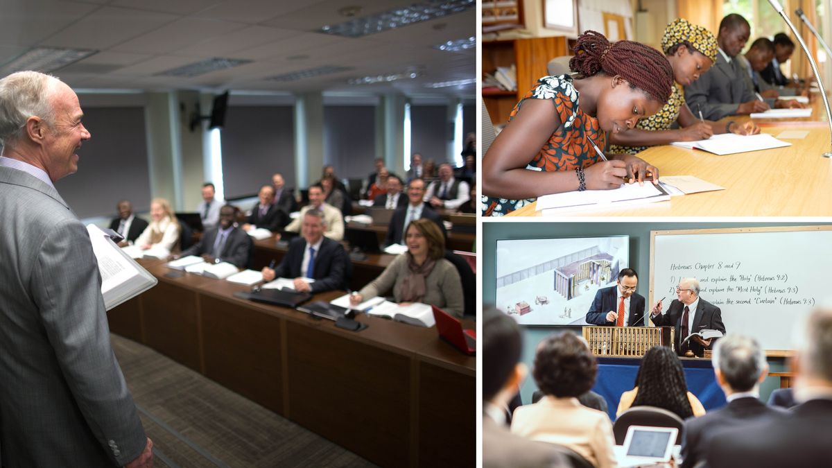 Collage: 1. A Governing Body member teaches brothers and sisters in a classroom. 2. Brothers and sisters take notes in a classroom. 3. An instructor and a student discuss Hebrews chapters 8 and 9 before a class of brothers and sisters. Behind them is an illustration of the tabernacle and in front of them is a model of the tabernacle.