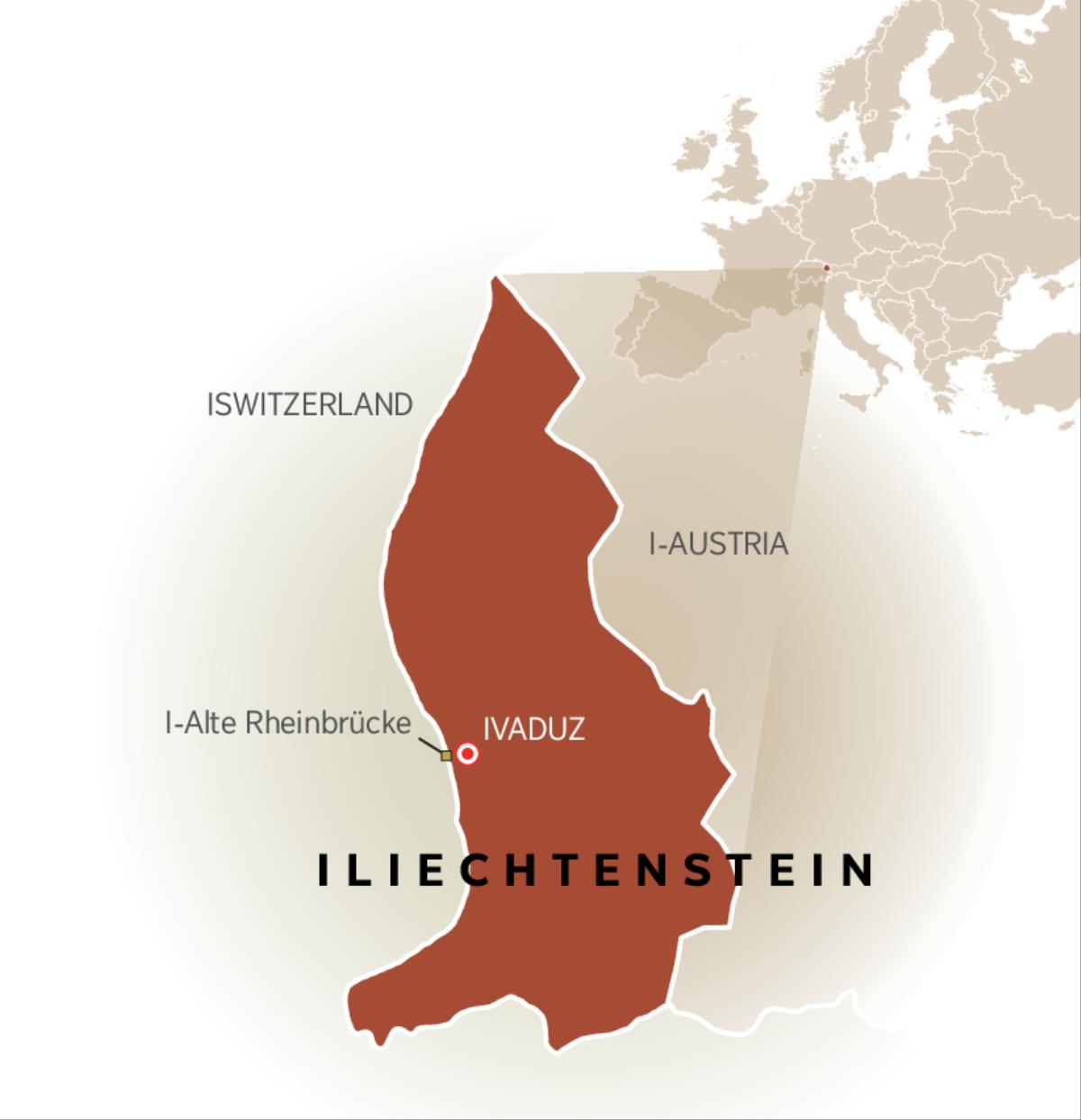 Ibalazwe elibonisa iLiechtenstein ephakathi komngcele waseSwitzerland nowase-Austria