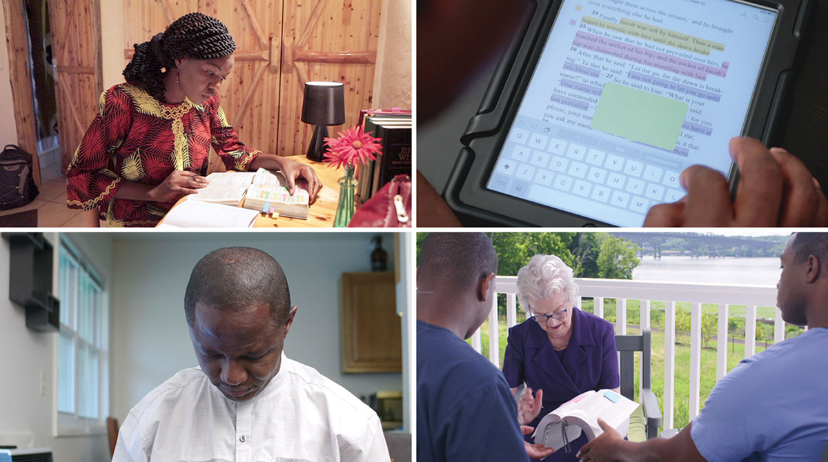 Udadewethu uyacwaningisisa eBhayibhelini; umfowethu udwebela iBhayibheli ngemibala ehlukahlukene; udadewethu uxoxela abesilisa ababili ngalokho akubhale eBhayibhelini lakhe lapho etadisha; umfowethu uyathandaza