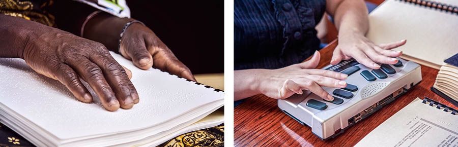 Izithombe: 1. Udadewethu ufunda incwadi ye-braille. 2. Udadewethu usebenzisa umshini wokubhala nge-braille.