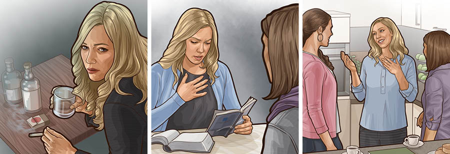 Izithombe: Owesifazane ukhetha ukukhonza uJehova. 1. Uyaphuza futhi uyabhema. 2. Lokhu akufunda eBhayibhelini kumthinta inhliziyo . 3. Uxoxa kamnandi nabangane bakhe abakhonza uJehova.