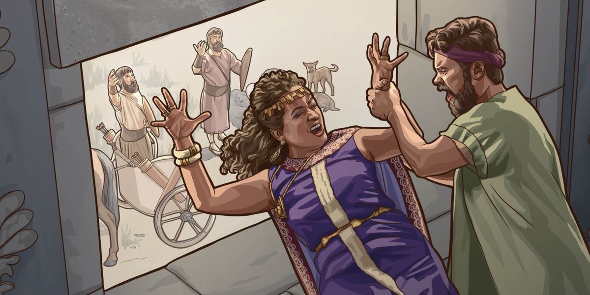 UJehu esenqoleni yakhe yamahhashi, utshela isikhulu senkantolo ukuba sikhiphe uJezebeli ngewindi lesitezi esiphezulu.