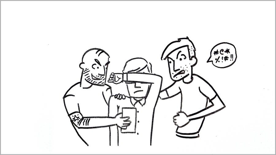 Isiqephu sevidiyo ethi “Hlakanipha Lapho Usebenzisa Izingosi Zokuxhumana.” Amadoda amabili amabi abonisa umfana into efakwe enkundleni yokuxhumana, umfana uzivala amehlo.