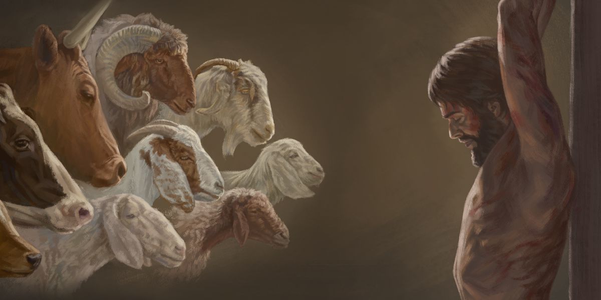 Izithombe ezihlanganisiwe: 1. Izilwane ezazenziwa umhlatshelo ethempelini elabonwa uHezekeli embonweni. 2. UJesu ulenga esigxotsheni sokuhlushwa.