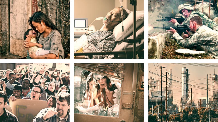 Izithombe ezihlukahlukene: Imiphumela yohulumeni babantu. 1. Owesifazane wase-Asia uhleli emgwaqweni ongcolile egone ingane yakhe ekhalayo. 2. Indoda endala egulayo isembhedeni esibhedlela. 3. Amasosha adubula ngezibhamu empini. 4. Ababhikishi abathukuthele bayamemeza bephethe izingqwembe ezinezikhalazo. 5. Owesifazane nendodakazi yakhe bami ngaphandle komuzi wabo, bathole isicabha sangaphambili sephuliwe. 6. Idolobha elingcoliswe intuthu noshimula kanye nezintambo zikagesi.